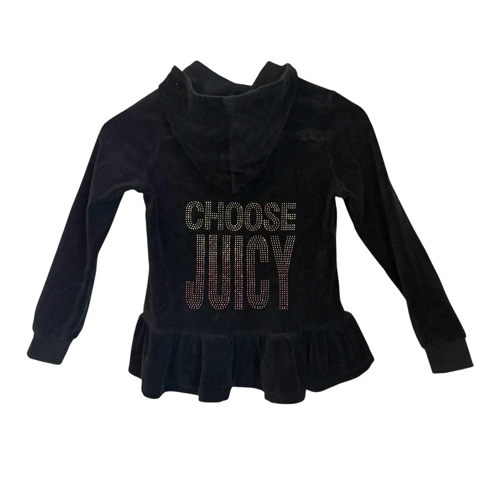 Juicy Couture Y2K Track Jacket  Girls 8/10  Black Velour Hoodie Studded Bling 90